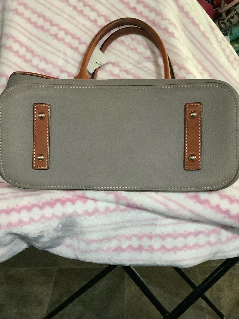 Dooney & Bourke Gray Pebbled Leather Tote with Brown Trim and Gold Plaque - Picture 4 of 4